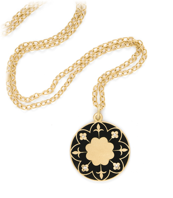 18k Gold Victorian Inspired Enamel Engravable Compass Mandala Pendant Necklace designed designed by Sofia Kaman handmade in Los Angeles