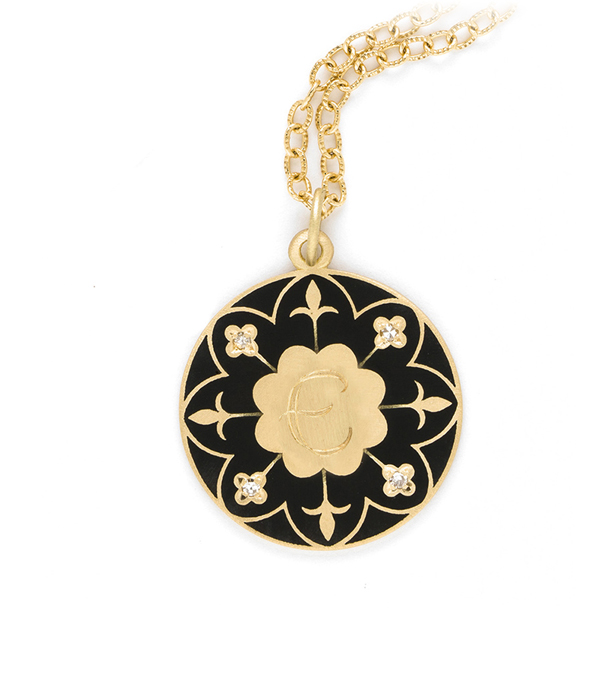 Engravable Victorian Gold Black Enamel Compass Mandala Necklace