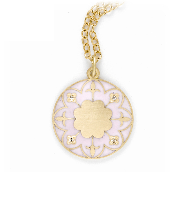 Engravable Victorian Gold Blush Enamel Compass Mandala Necklace