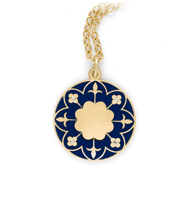 Engravable Victorian Gold Navy Enamel Compass Mandala Necklace
