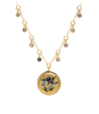 14K Gold Sapphire Pod Enamel Pansy Medallion Necklace perfect for engagement rings designed by Sofia Kaman handmade in Los Angeles