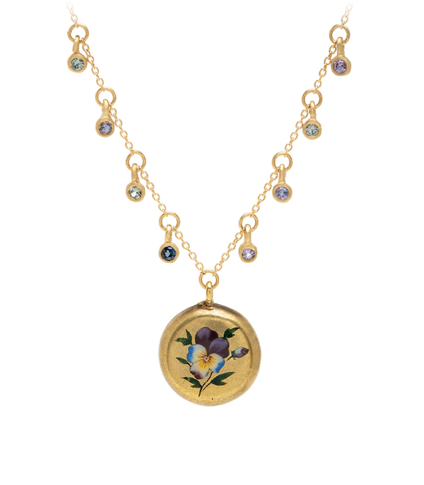 14K Gold Sapphire Pod Enamel Pansy Medallion Necklace perfect for engagement rings designed by Sofia Kaman handmade in Los Angeles using our SKFJ ethical jewelry process. This piece has been sold and is in the SK Archive.