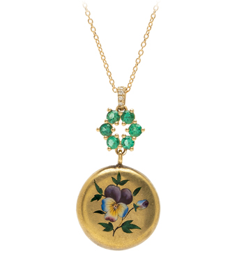 18K Gold Enamel Pansy Medallion Bridal Necklace for Engagement Rings designed by Sofia Kaman handmade in Los Angeles