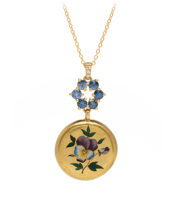 18K Gold Enamel Pansy Medallion 14K Gold Bridal Necklace for Engagement Rings designed by Sofia Kaman handmade in Los Angeles