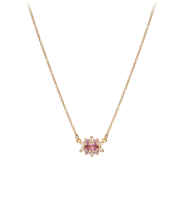 Victorian Antique Inspired Pink Sapphire Pear Shaped Diamond Dahlia Flower Bohemian Bride Wedding Necklace designed by Sofia Kaman handmade in Los Angeles using our SKFJ ethical jewelry process.