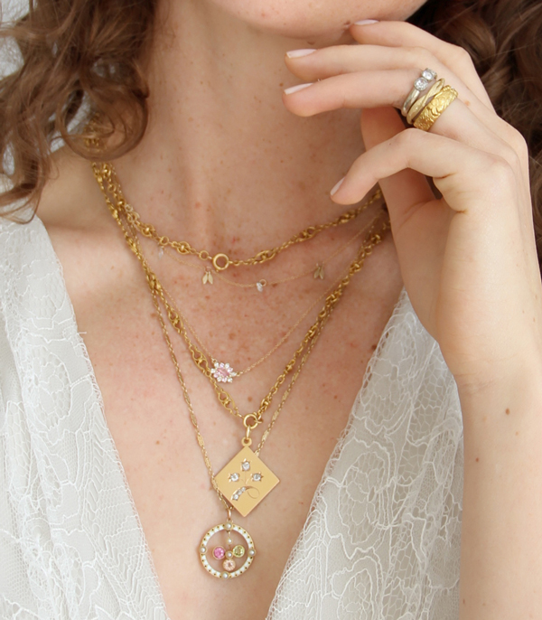 14k Matte Gold Pink Sapphire Pear Shaped Diamond Dahlia Bohemian Necklace