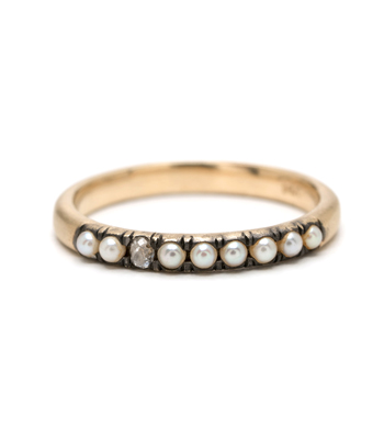 Vintage Inspired 14K Gold Pearl Diamond Boho Stacking Ring designed by Sofia Kaman handmade in Los Angeles