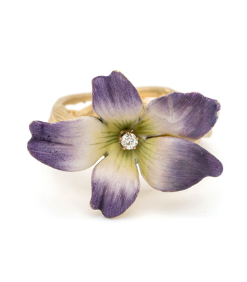 14K Matte Gold Woven Branches Twig Band Enamel Violet Flower Diamond Accent Boho Ring designed by Sofia Kaman handmade in Los Angeles