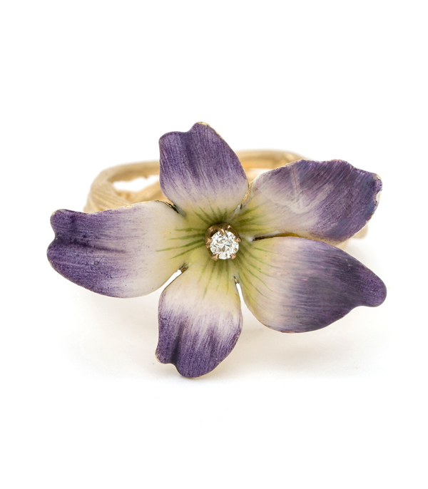 14K Matte Gold Woven Branches Twig Band Enamel Violet Flower Diamond Accent Boho Ring designed by Sofia Kaman handmade in Los Angeles using our SKFJ ethical jewelry process. This piece has been sold and is in the SK Archive.