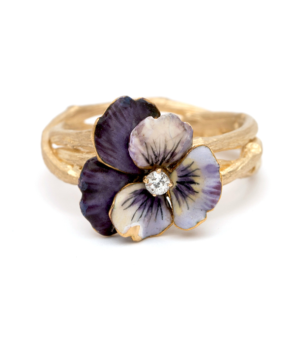 Nature Inspired Woven Branches Band Vintage Art Nouveau Enamel Pansy Stacking Ring designed by Sofia Kaman handmade in Los Angeles using our SKFJ ethical jewelry process. This piece has been sold and is in the SK Archive.