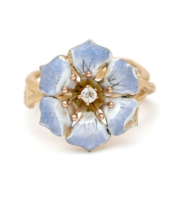 Enamel Crocus Flower Ring on Woven Branches designed by Sofia Kaman handmade in Los Angeles