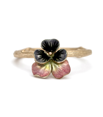 Enamel Petite Pansy Flower Ring on Twig Branch designed by Sofia Kaman handmade in Los Angeles