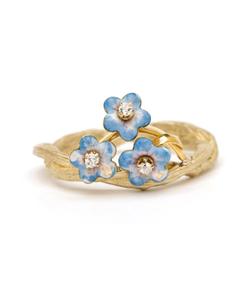 Enamel Forget Me Not Ring On Woven Branches designed by Sofia Kaman handmade in Los Angeles