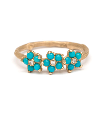 Turquoise Forget Me Not Gold Twig Band Boho Stacking Ring designed by Sofia Kaman handmade in Los Angeles