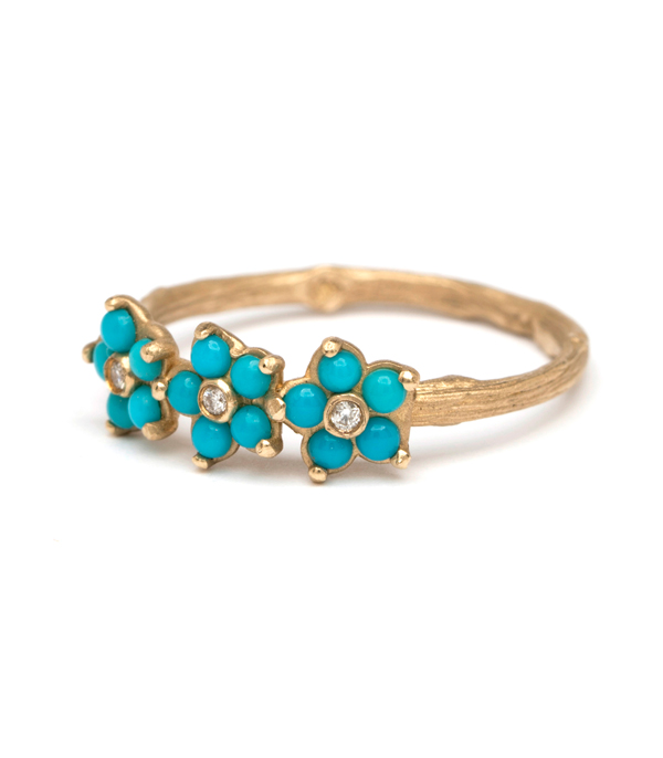 Turquoise Forget Me Not Twig Band Boho Stacking Ring