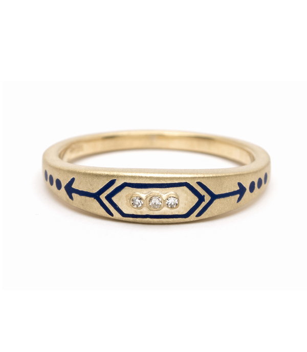 Yellow Gold Blue Enamel Victorian Inspired Arrow Stacking Ring designed by Sofia Kaman handmade in Los Angeles using our SKFJ ethical jewelry process.