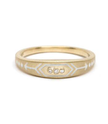 Yellow Gold White Enamel Victorian Inspired Arrow Stacking Ring designed by Sofia Kaman handmade in Los Angeles