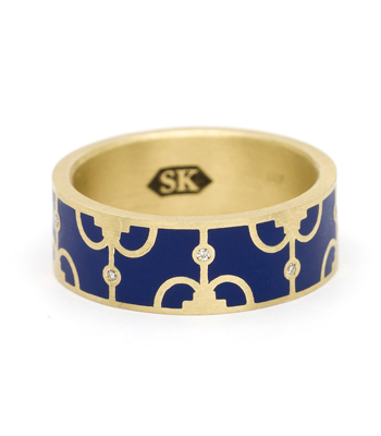 Yellow Gold Blue Enamel Victorian Inspired Compass Diamond Stacking Band designed by Sofia Kaman handmade in Los Angeles
