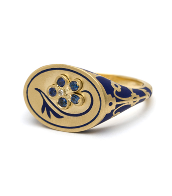 18K Matte Yellow Gold White Enamel Sapphire Pansy Signet Ring designed by Sofia Kaman handmade in Los Angeles