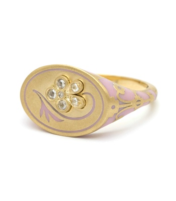 18K Matte Yellow Gold Pink Enamel Rose Cut Diamond Pansy Signet Ring designed by Sofia Kaman handmade in Los Angeles