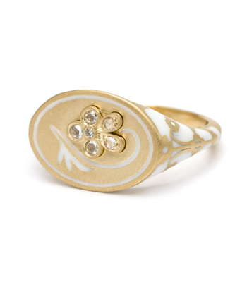 18K Matte Yellow Gold White Enamel Rose Cut Diamond Pansy Signet Ring designed by Sofia Kaman handmade in Los Angeles
