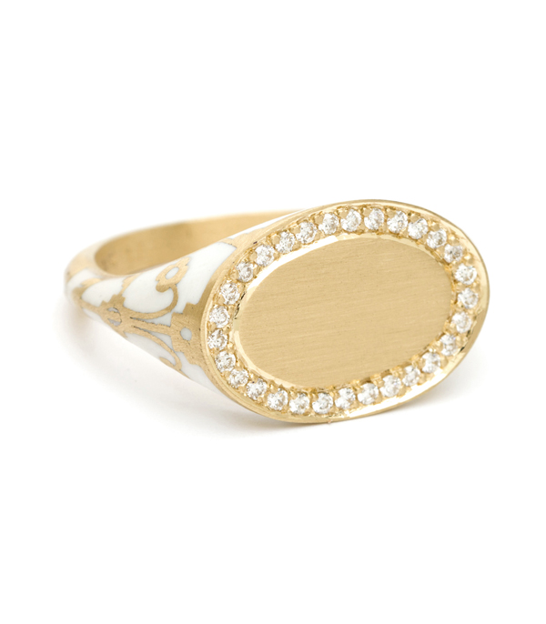 Yellow Gold White Enamal Diamond Halo Engravable Signet Ring