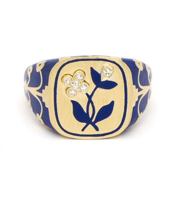 Yellow Gold Blue Enamel Old Cut Diamond Flower Cushion Signet Ring designed by Sofia Kaman handmade in Los Angeles