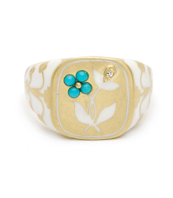 Yellow Gold White Enamel Turquoise Pansy Diamond Accent Cushion Signet designed by Sofia Kaman handmade in Los Angeles