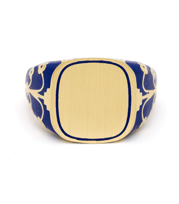 Yellow Gold Navy Blue Enamel Engrave Cushion Signet Ring  designed by Sofia Kaman handmade in Los Angeles