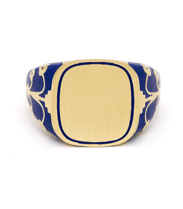 Yellow Gold Blue Enamal Cushion Engrave Signet Ring