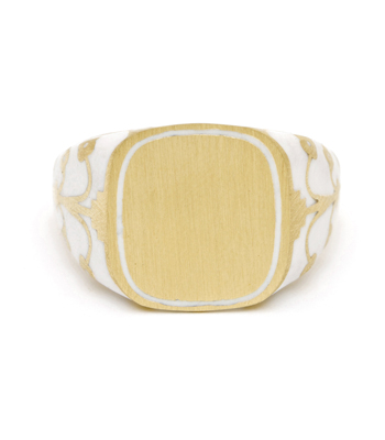 Yellow Gold White Enamel Engrave Cushion Signet Ring designed by Sofia Kaman handmade in Los Angeles