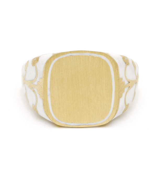 Yellow Gold White Enamel Engrave Cushion Signet Ring designed by Sofia Kaman handmade in Los Angeles using our SKFJ ethical jewelry process. This piece has been sold and is in the SK Archive.