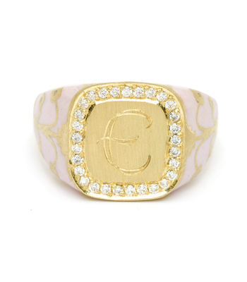 Yellow Gold Pink Enamel Diamond Halo Engrave Cushion Signet Ring designed by Sofia Kaman handmade in Los Angeles