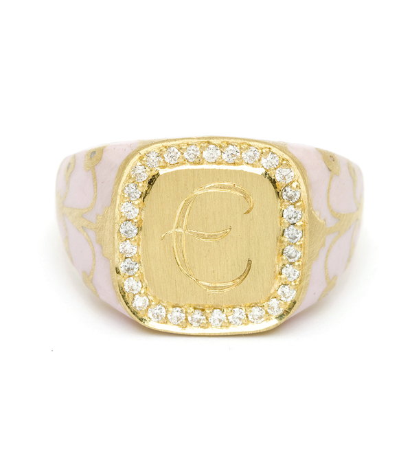 Yellow Gold Pink Enamel Diamond Halo Engrave Cushion Signet Ring designed by Sofia Kaman handmade in Los Angeles using our SKFJ ethical jewelry process.