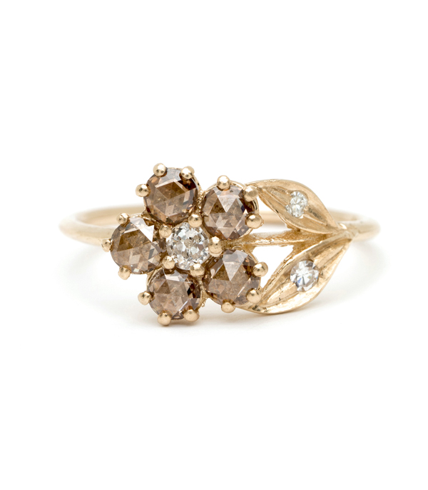 14K Gold Antique Inspired One of a Kind Flower Champagne Diamond Bohemian Engagement Ring designed by Sofia Kaman handmade in Los Angeles using our SKFJ ethical jewelry process.