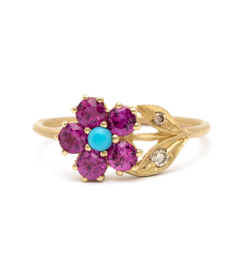 Antique Inspired Flower Ring - Pink Sapphire and Turquoise designed by Sofia Kaman handmade in Los Angeles