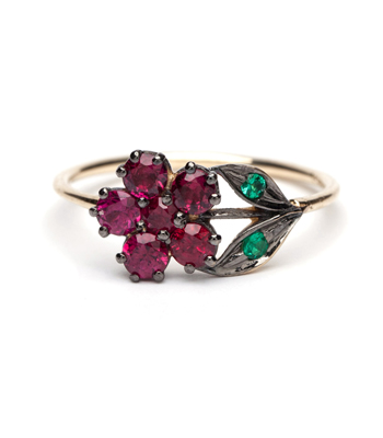 14K Gold Antique Inspired One of a Kind Flower Ruby Bohemian Engagement Ring designed by Sofia Kaman handmade in Los Angeles