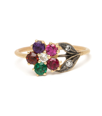 14K Gold Colored Gem Vintage Inspired Forget Me Not Flower Regard Unique Engagement Ring designed by Sofia Kaman handmade in Los Angeles