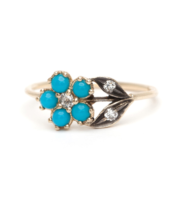 14K Gold Antique Inspired One of a Kind Flower Turquoise Bohemian Engagement Ring designed by Sofia Kaman handmade in Los Angeles