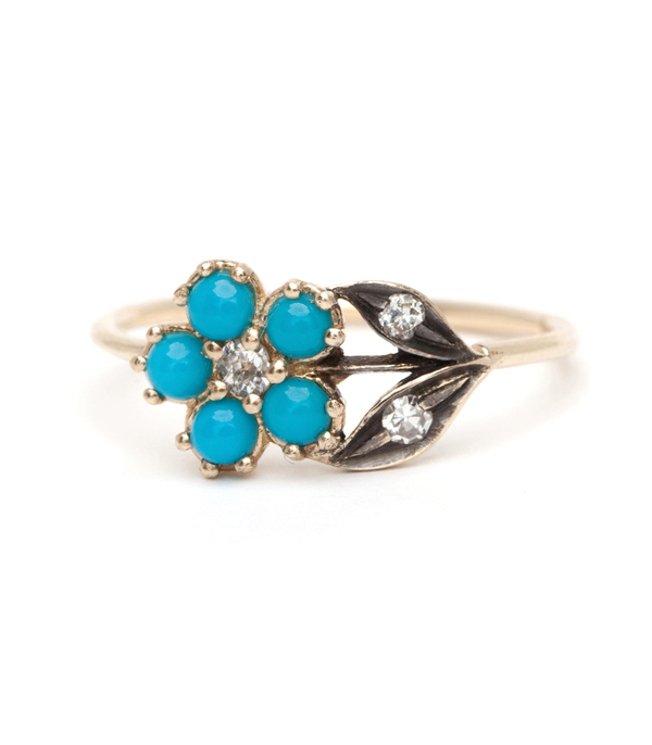 14K Gold Antique Inspired One of a Kind Flower Turquoise Bohemian Engagement Ring designed by Sofia Kaman handmade in Los Angeles using our SKFJ ethical jewelry process.