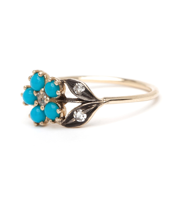 Antique Inspired Turquoise And Diamond Flower Engagement Ring