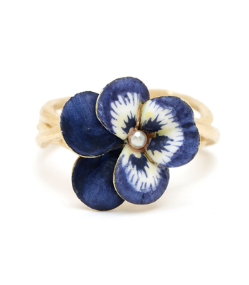 Enamel Stacking Rings 14K Matte Gold Woven Branches Vintage Enamel Pansy Flower Bohemian Ring designed by Sofia Kaman handmade in Los Angeles