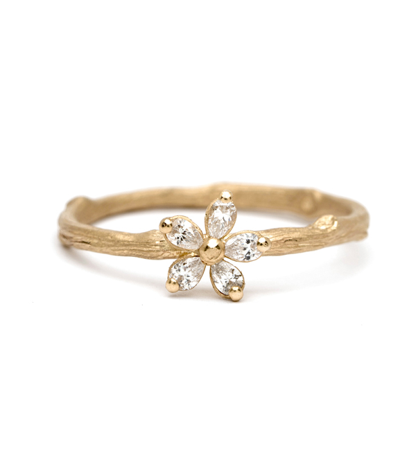 Nature Inspired Pear Shaped Diamond Daisy Twig Band Boho Stacking Ring designed by Sofia Kaman handmade in Los Angeles using our SKFJ ethical jewelry process.
