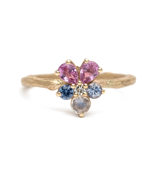 14K Matte Gold Pink and Blue Sapphire Diamond Moonstone Nature Inspired Pansy Flower Twig Band Boho Stacking Ring designed by Sofia Kaman handmade in Los Angeles using our SKFJ ethical jewelry process.