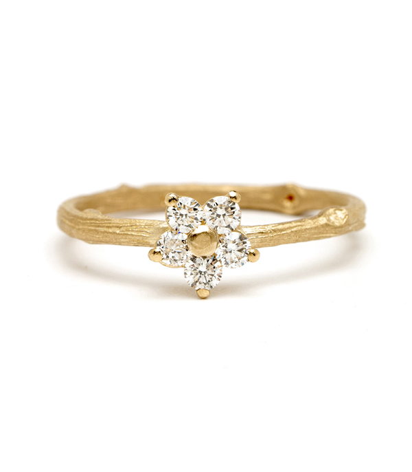 Rounded Diamond Daisy Gold Band Twig Engagement Ring designed by Sofia Kaman handmade in Los Angeles using our SKFJ ethical jewelry process.