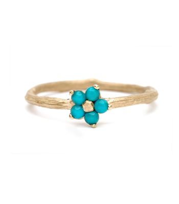 Nature Inspired Twig Band Turquoise Forget Me Not Flower Boho Stacking Ring designed by Sofia Kaman handmade in Los Angeles