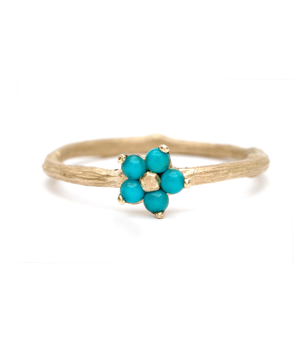 Nature Inspired Twig Band Turquoise Forget Me Not Flower Boho Stacking Ring designed by Sofia Kaman handmade in Los Angeles using our SKFJ ethical jewelry process.