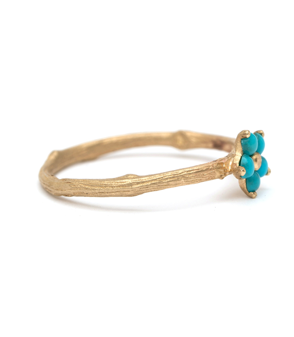 14k Matte Gold Twig Band Turquoise Daisy Boho Stacking Ring