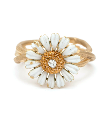 Enamel Daisy Ring on Woven Branches designed by Sofia Kaman handmade in Los Angeles