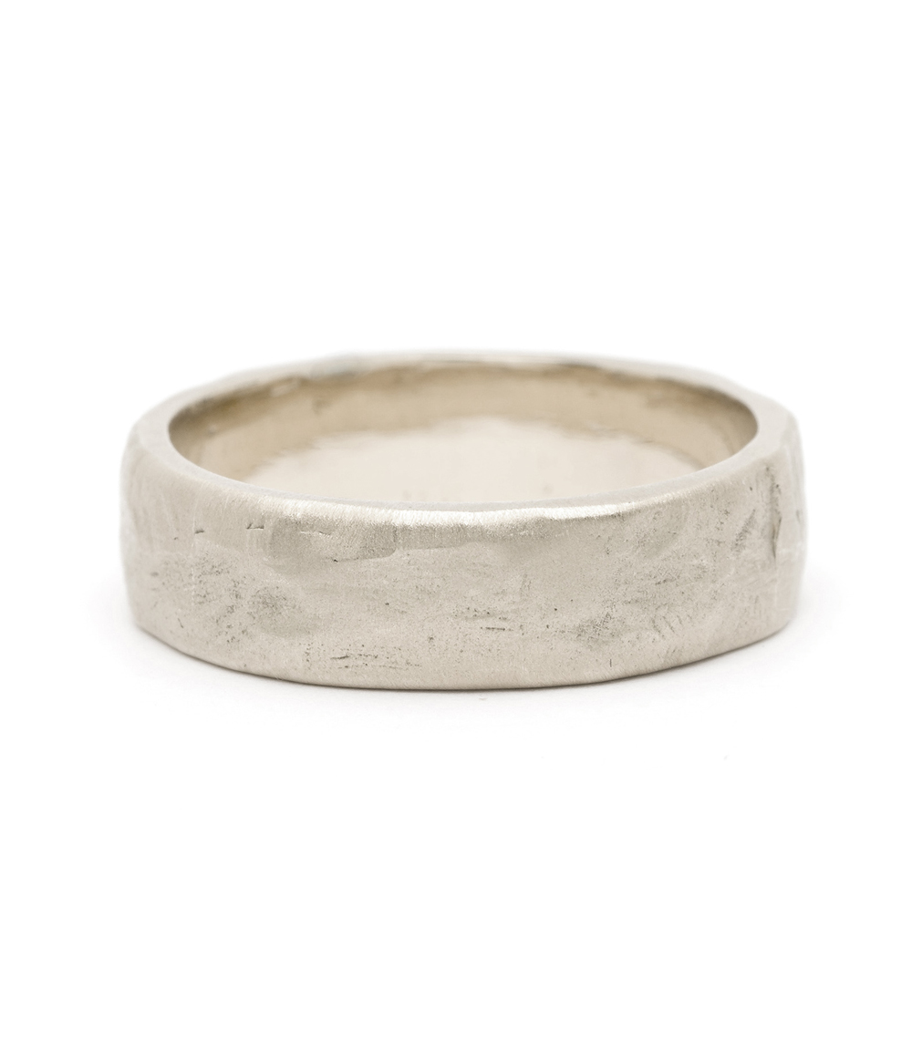6mm White Gold Raw Texture Mens Wedding Band